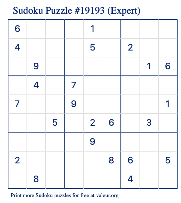 Free Printable Expert Sudoku Puzzle number 19193