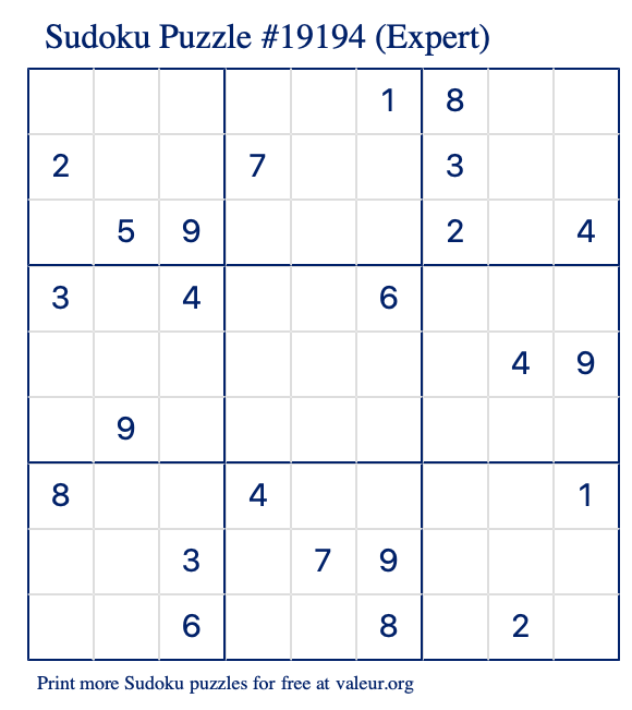 Free Printable Expert Sudoku Puzzle number 19194