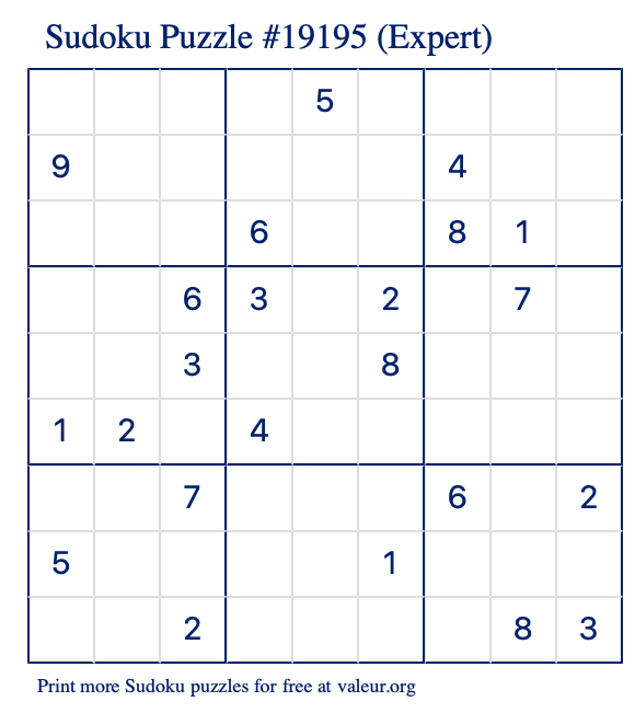 Free Printable Expert Sudoku Puzzle number 19195