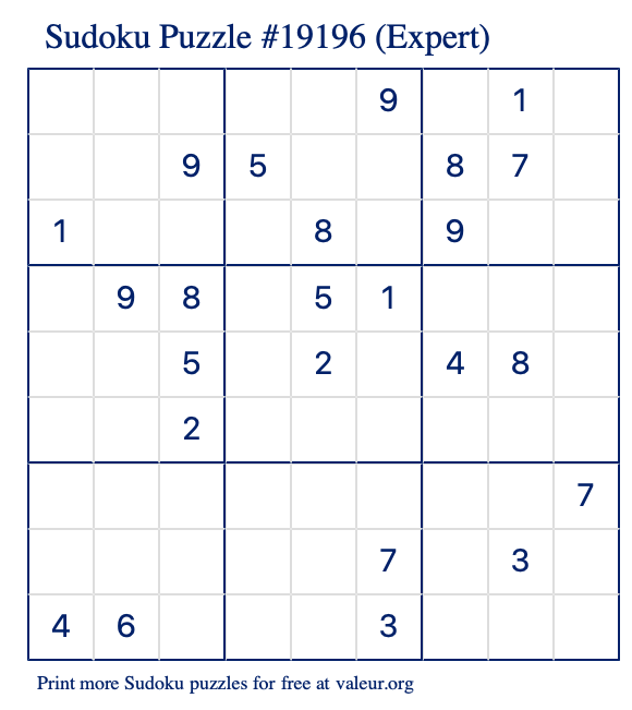 Free Printable Expert Sudoku Puzzle number 19196