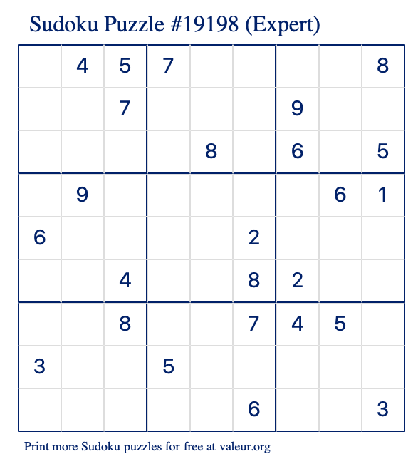 Free Printable Expert Sudoku Puzzle number 19198