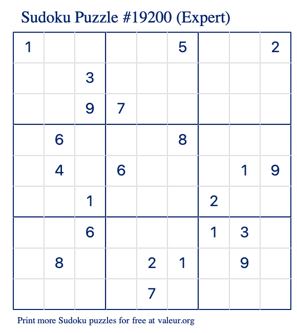Free Printable Expert Sudoku Puzzle number 19200