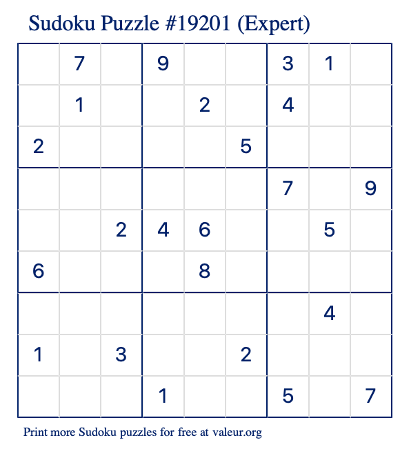 Free Printable Expert Sudoku Puzzle number 19201