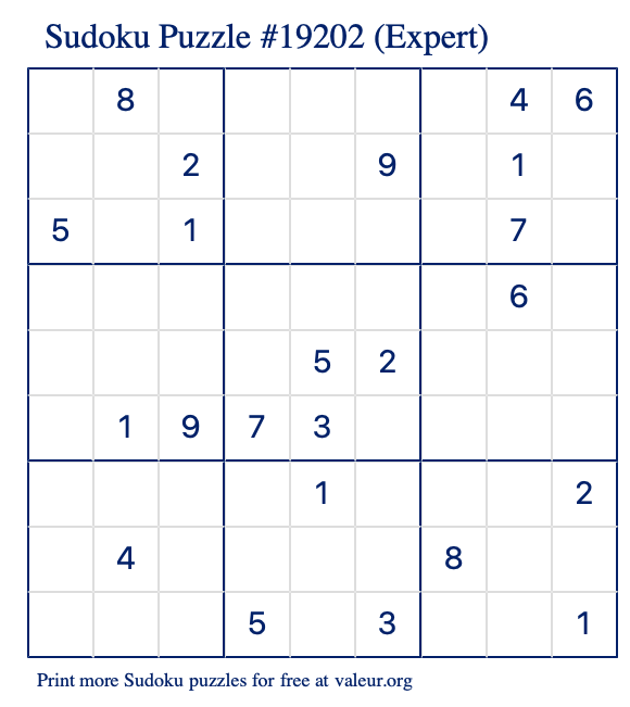 Free Printable Expert Sudoku Puzzle number 19202