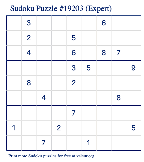 Free Printable Expert Sudoku Puzzle number 19203