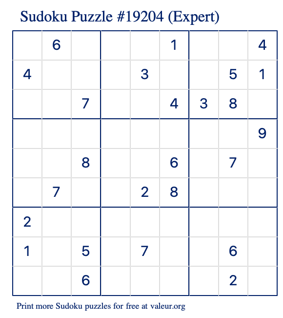 Free Printable Expert Sudoku Puzzle number 19204