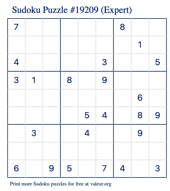 Free Printable Expert Sudoku Puzzle number 19209