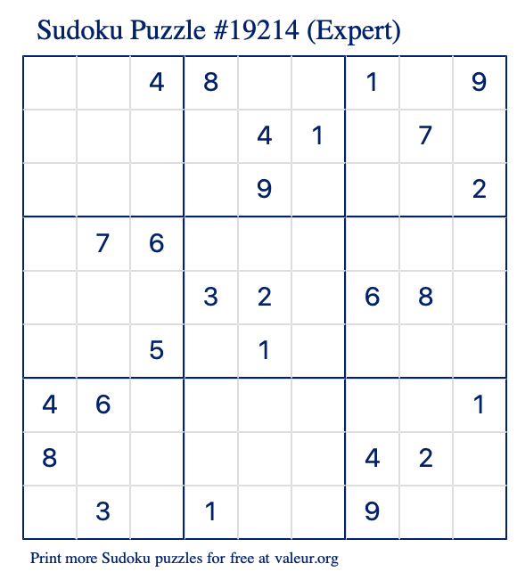 Free Printable Expert Sudoku Puzzle number 19214