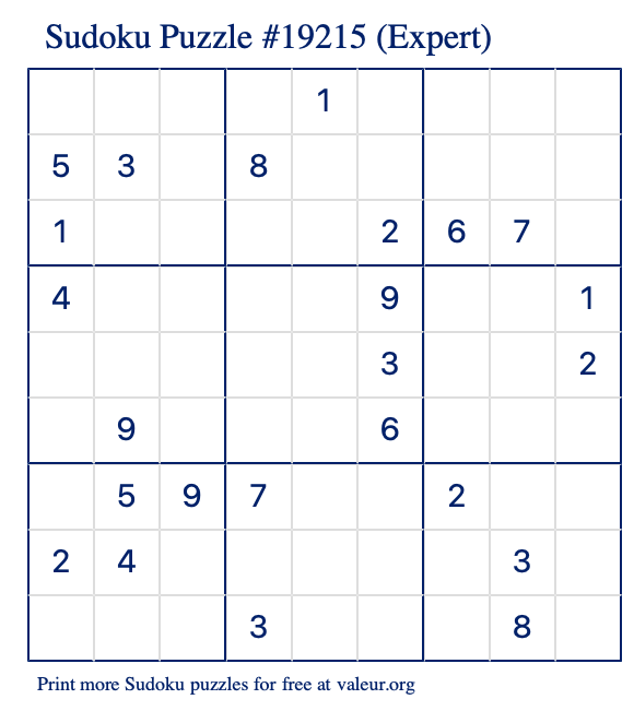 Free Printable Expert Sudoku Puzzle number 19215