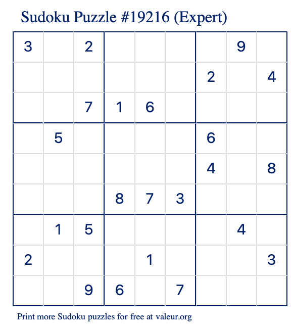 Free Printable Expert Sudoku Puzzle number 19216