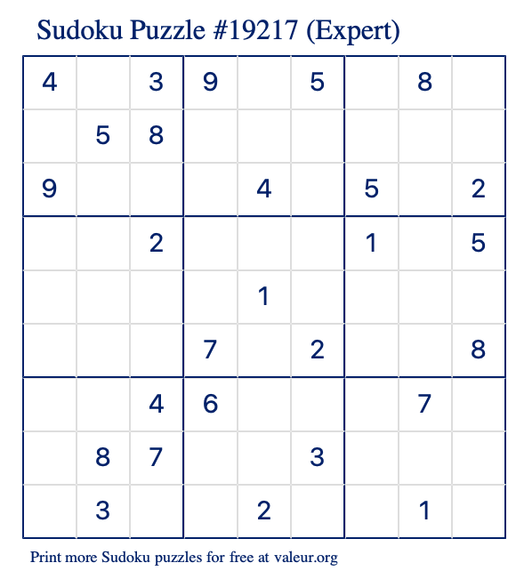 Free Printable Expert Sudoku Puzzle number 19217