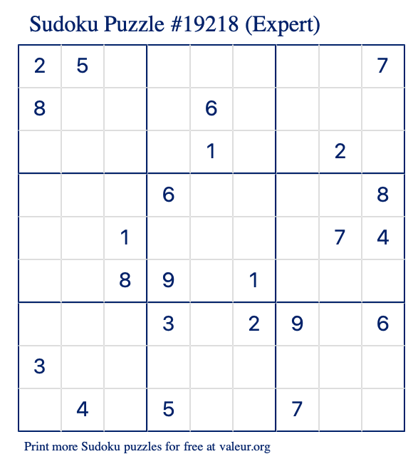 Free Printable Expert Sudoku Puzzle number 19218