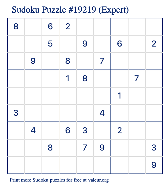 Free Printable Expert Sudoku Puzzle number 19219