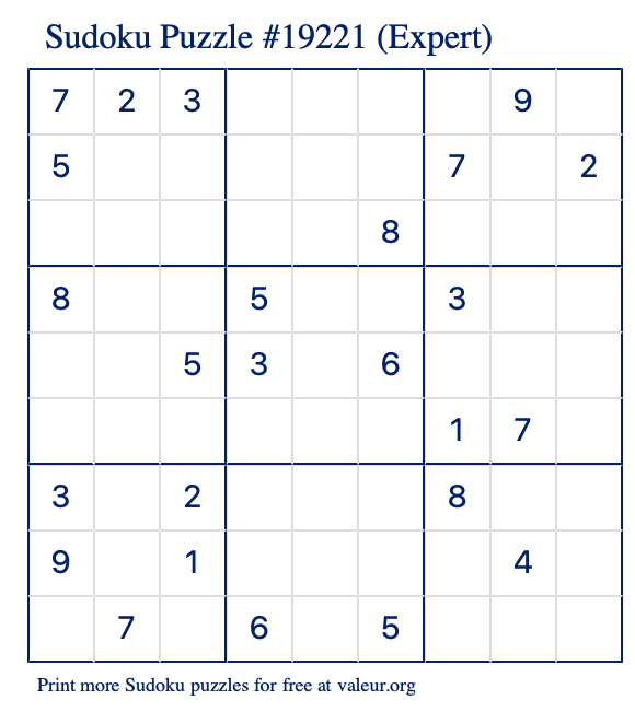 Free Printable Expert Sudoku Puzzle number 19221