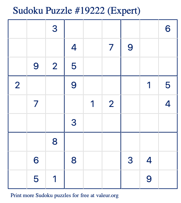 Free Printable Expert Sudoku Puzzle number 19222