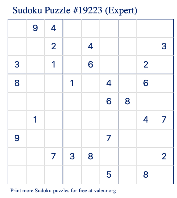 Free Printable Expert Sudoku Puzzle number 19223