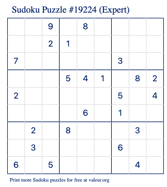 Free Printable Expert Sudoku Puzzle number 19224