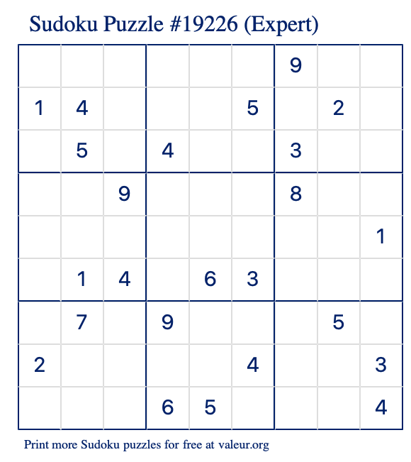 Free Printable Expert Sudoku Puzzle number 19226