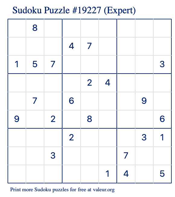 Free Printable Expert Sudoku Puzzle number 19227