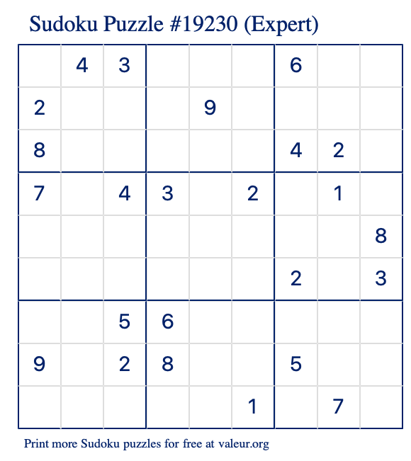 Free Printable Expert Sudoku Puzzle number 19230