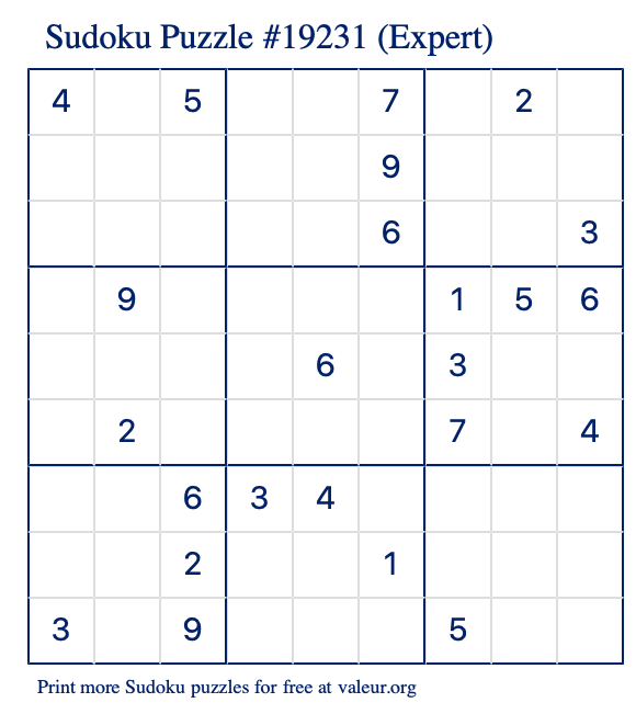 Free Printable Expert Sudoku Puzzle number 19231