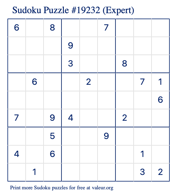 Free Printable Expert Sudoku Puzzle number 19232