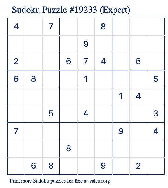 Free Printable Expert Sudoku Puzzle number 19233