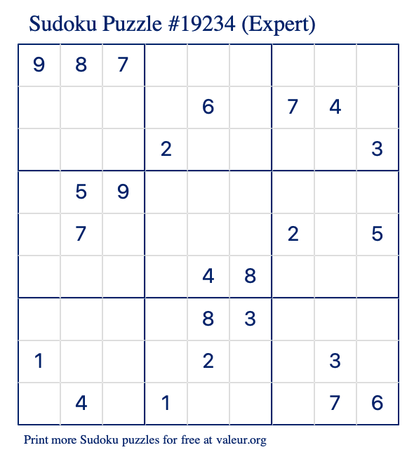 Free Printable Expert Sudoku Puzzle number 19234