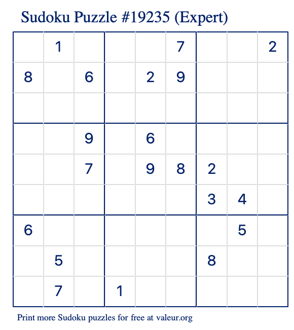 Free Printable Expert Sudoku Puzzle number 19235