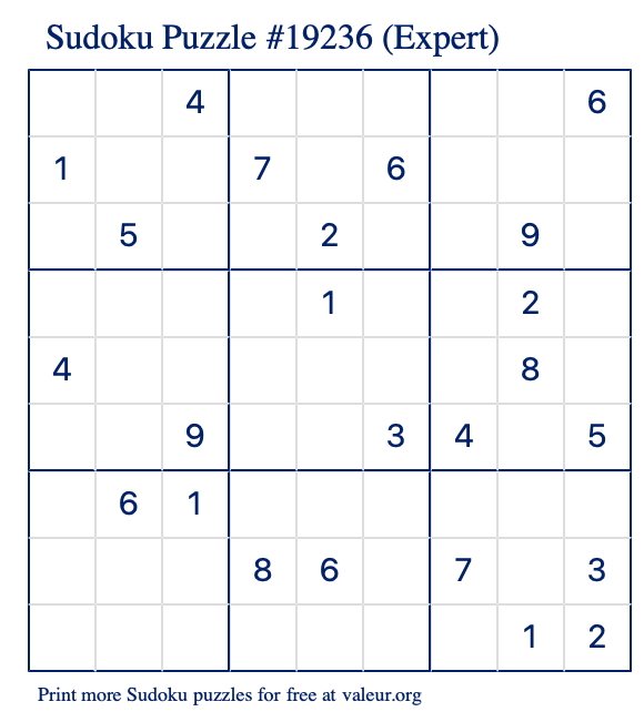 Free Printable Expert Sudoku Puzzle number 19236