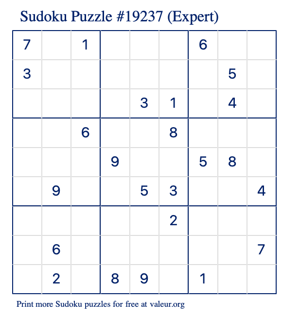 Free Printable Expert Sudoku Puzzle number 19237