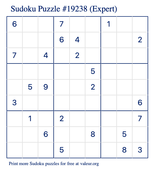 Free Printable Expert Sudoku Puzzle number 19238