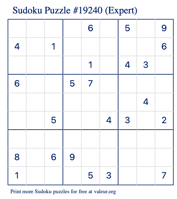 Free Printable Expert Sudoku Puzzle number 19240