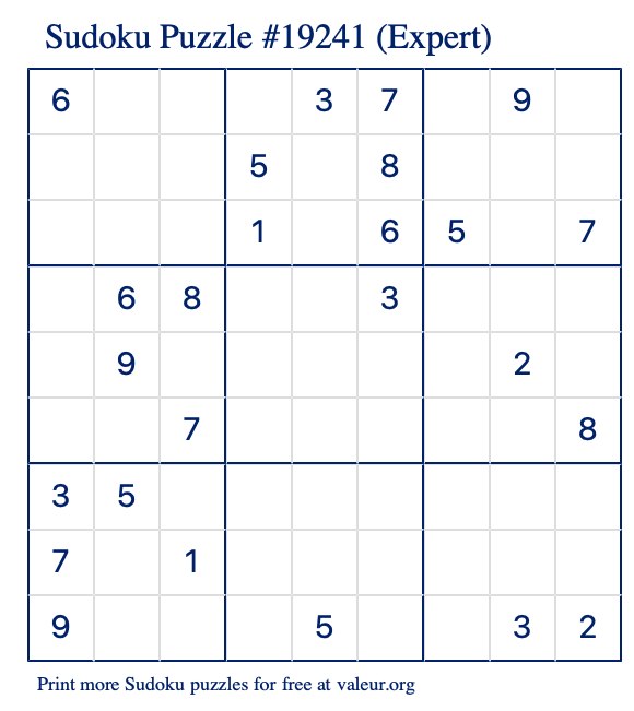 Free Printable Expert Sudoku Puzzle number 19241