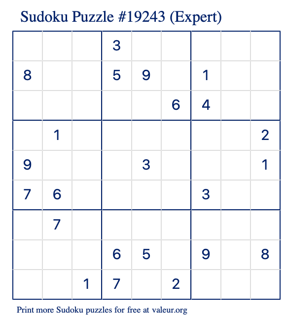 Free Printable Expert Sudoku Puzzle number 19243