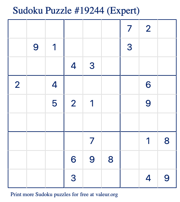 Free Printable Expert Sudoku Puzzle number 19244