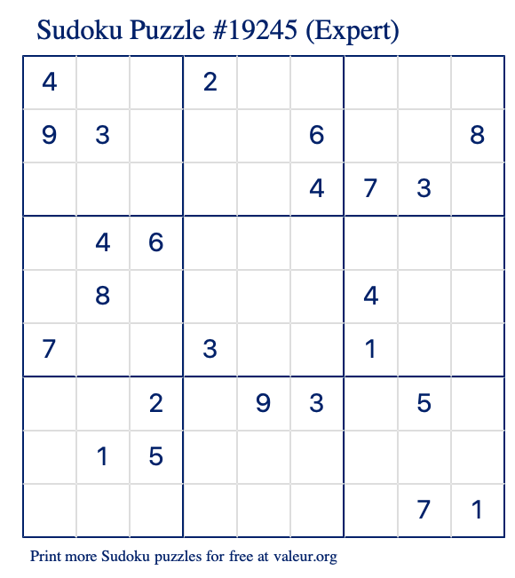 Free Printable Expert Sudoku Puzzle number 19245