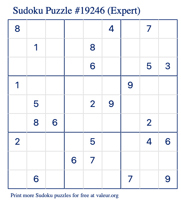 Free Printable Expert Sudoku Puzzle number 19246