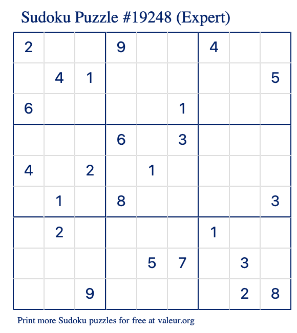 Free Printable Expert Sudoku Puzzle number 19248