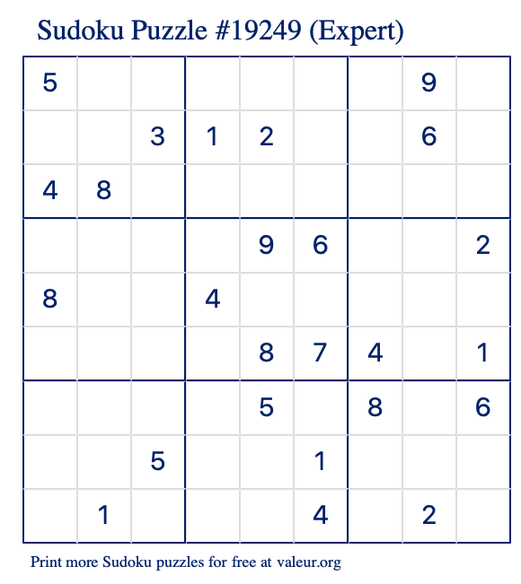 Free Printable Expert Sudoku Puzzle number 19249