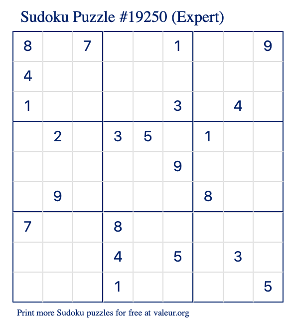 Free Printable Expert Sudoku Puzzle number 19250