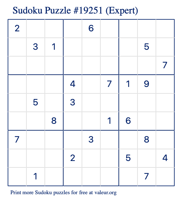 Free Printable Expert Sudoku Puzzle number 19251