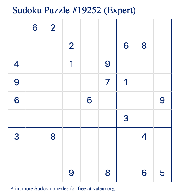 Free Printable Expert Sudoku Puzzle number 19252