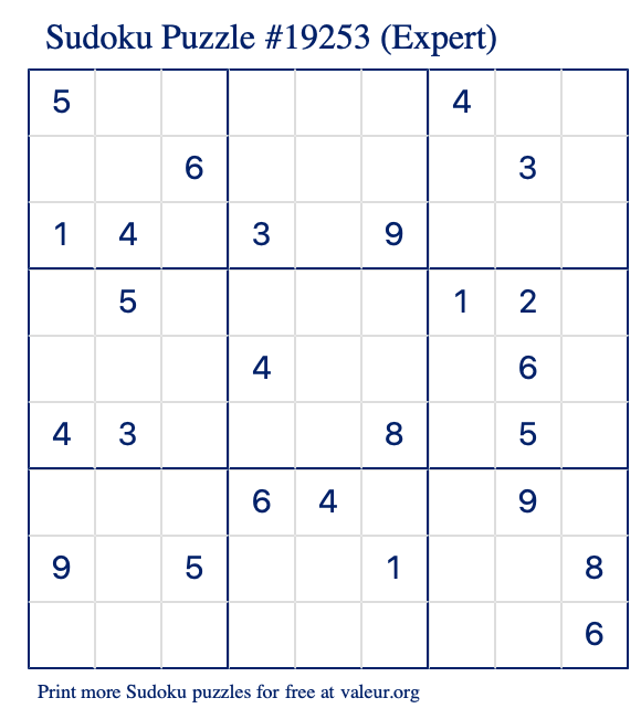 Free Printable Expert Sudoku Puzzle number 19253