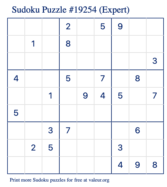 Free Printable Expert Sudoku Puzzle number 19254