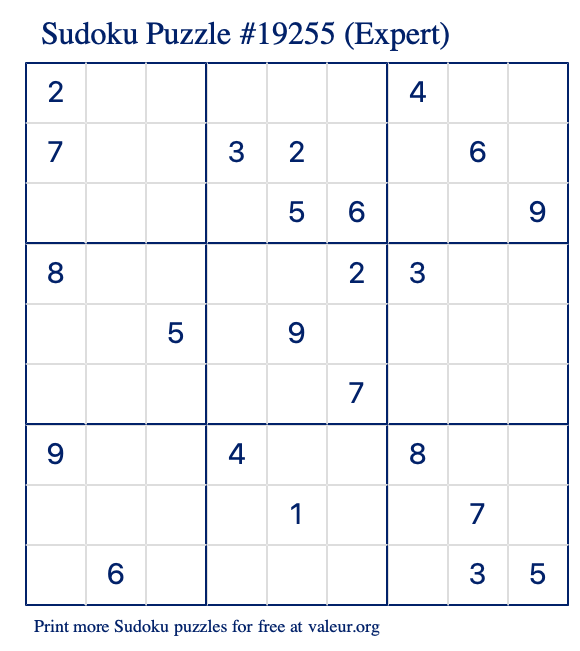 Free Printable Expert Sudoku Puzzle number 19255