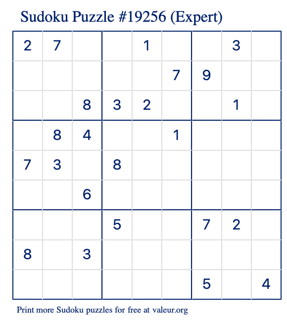 Free Printable Expert Sudoku Puzzle number 19256