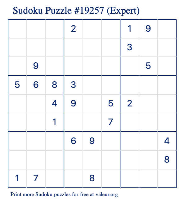 Free Printable Expert Sudoku Puzzle number 19257