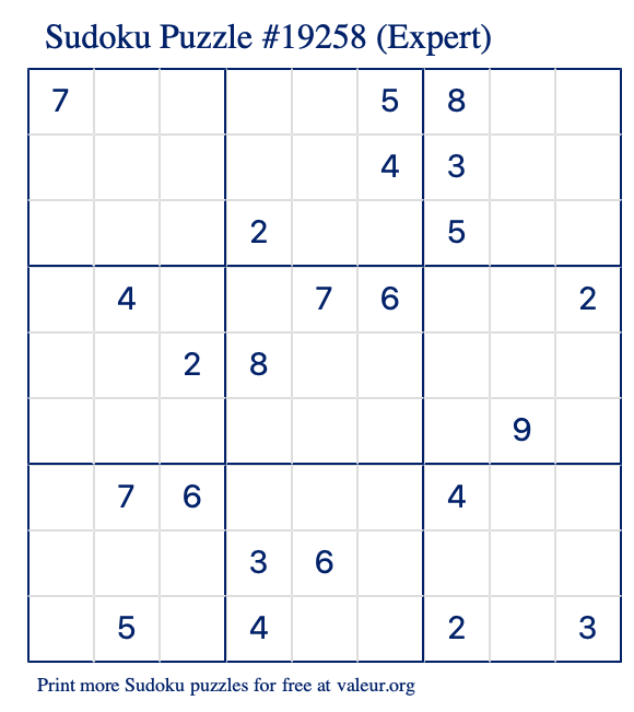 Free Printable Expert Sudoku Puzzle number 19258