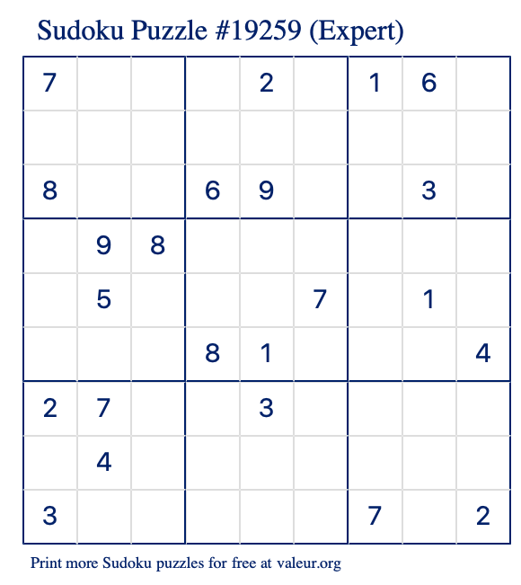 Free Printable Expert Sudoku Puzzle number 19259